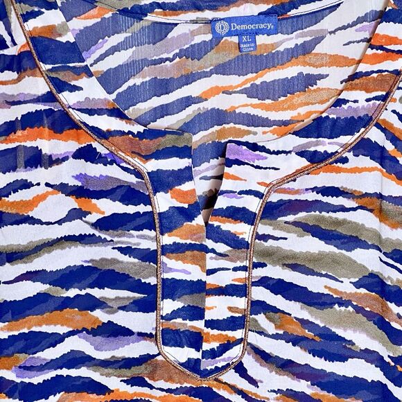 Democracy Tiger Print Top Size XL Long Ruche Sleeves Gold Trim Sheer Loose Fit - Picture 5 of 8